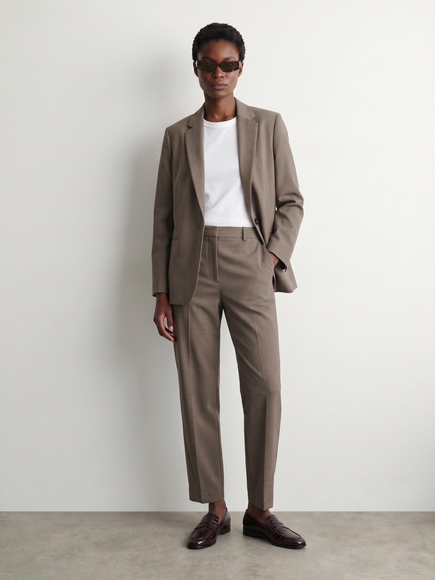 Editorial, taupe wool suit