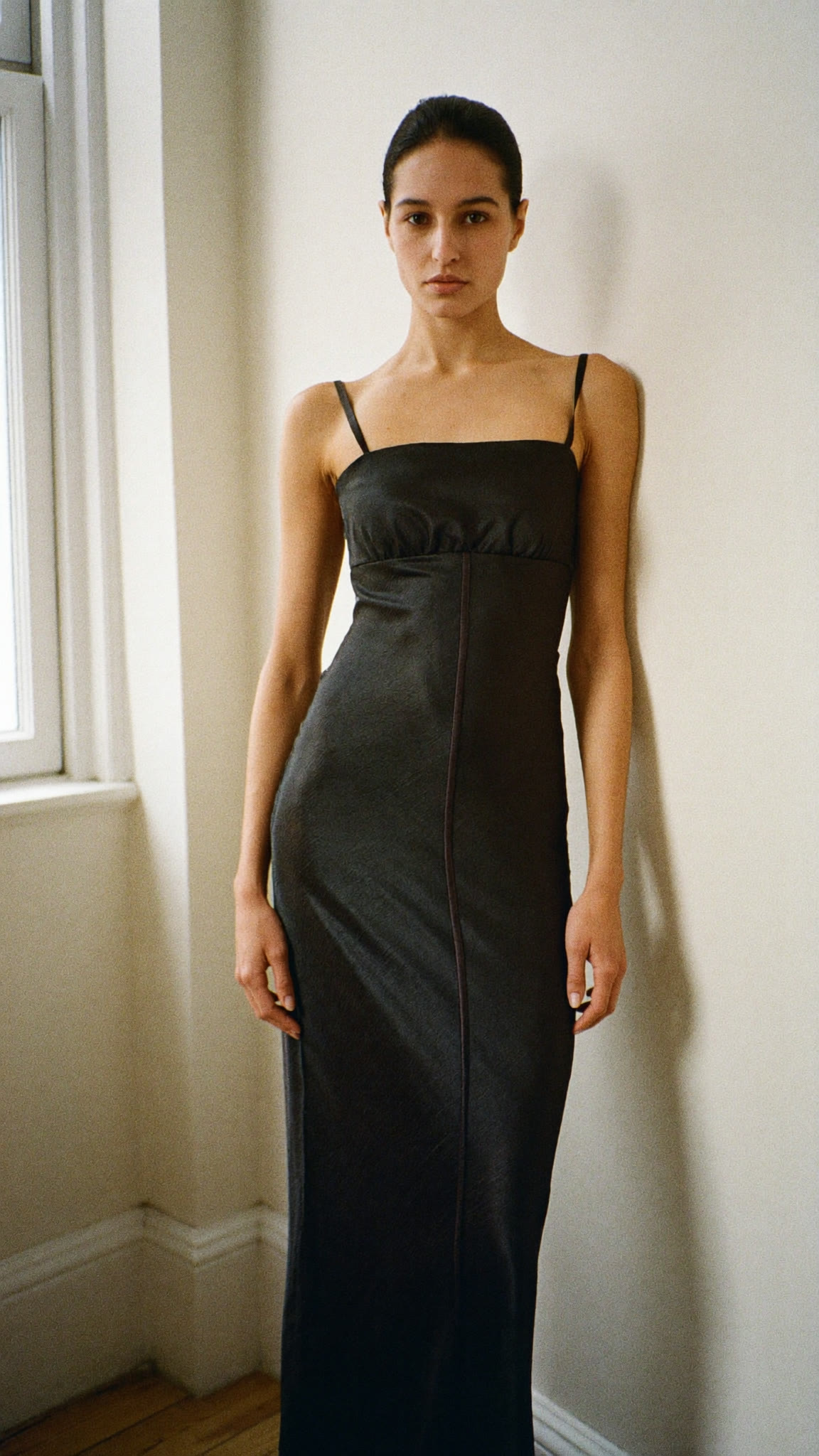 Minimal, black satin slip dress