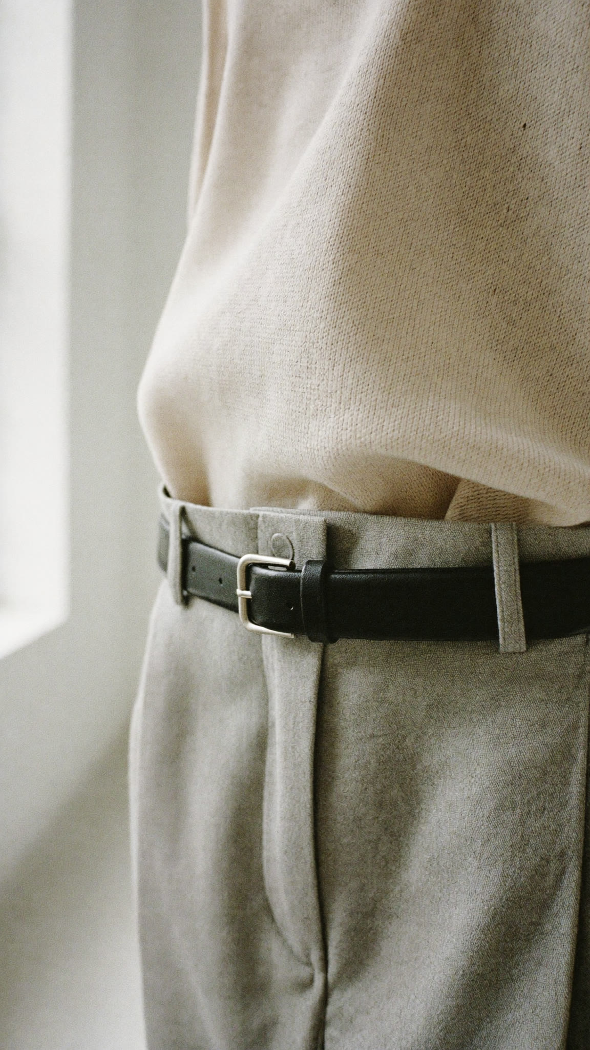 Minimal, wool trousers, belt detail