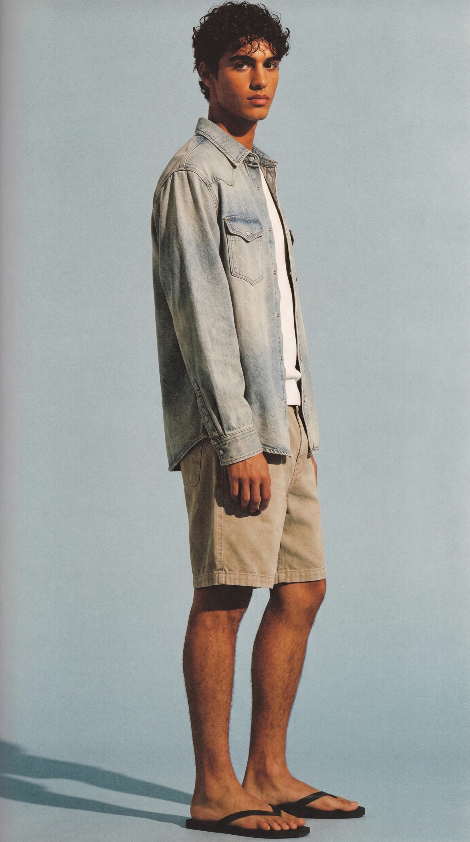 Resort, sage work jacket, indigo jeans