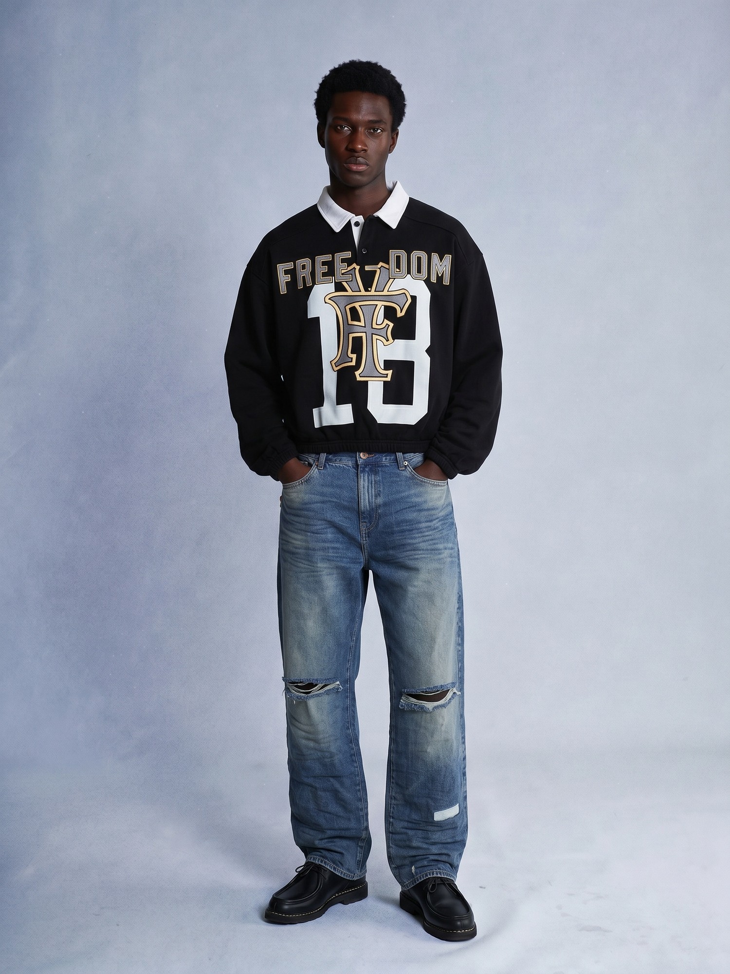 Streetwear, varsity polo, ripped denim