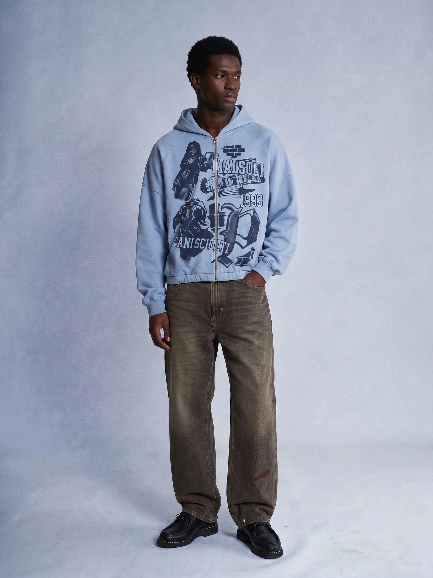 Streetwear, graphic zip hoodie, baggy jeans