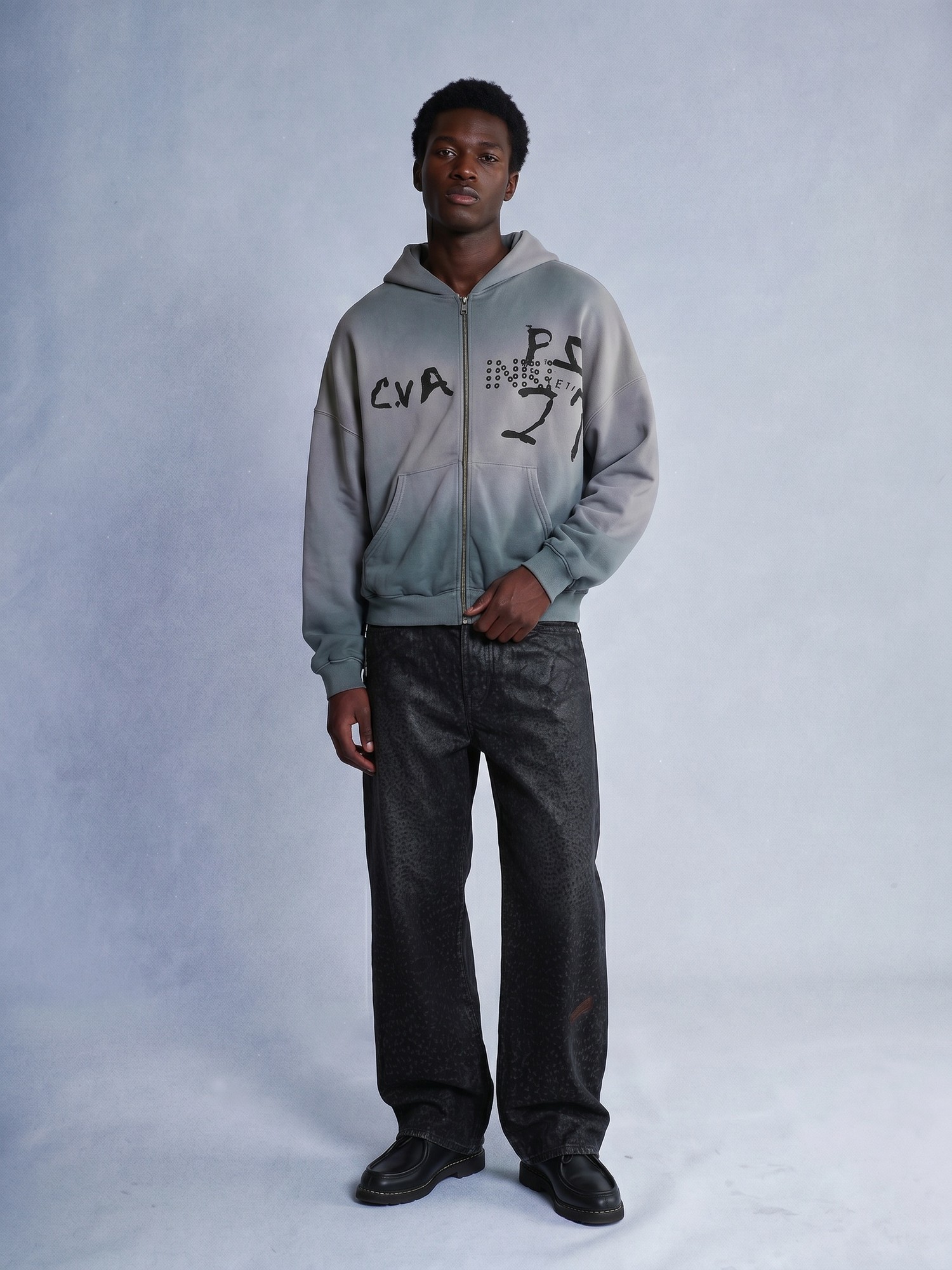 Streetwear, washed zip hoodie, coated jeans